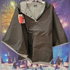 Totes Black Waterproof Hooded Rain Poncho with Geometric Trim